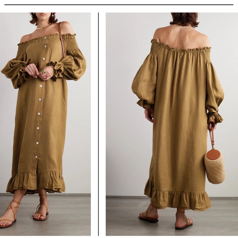 SLEEPER Off-Shoulder Olive Green linen Dress